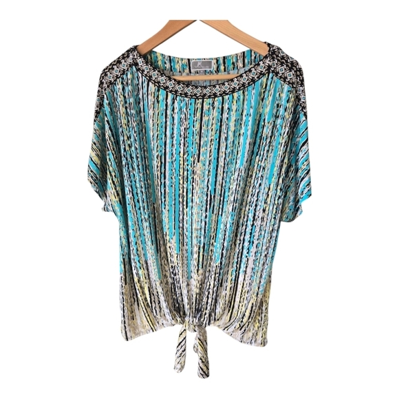 JM Collection Tunic Blouse Women 1X Blue White Tie Front Stretchy Colorful - Picture 1 of 14